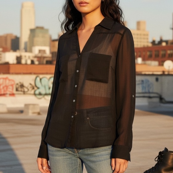 Vintage VANITY Black Sheer Button Down Long Sleeve Blouse L Y2K Whimsigoth Boho - Picture 2 of 11